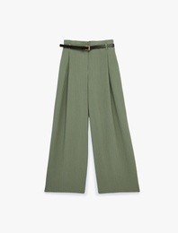 Pile Detaylı Cepli Düz Geniş Paça Kemerli Palazzo Pantolon