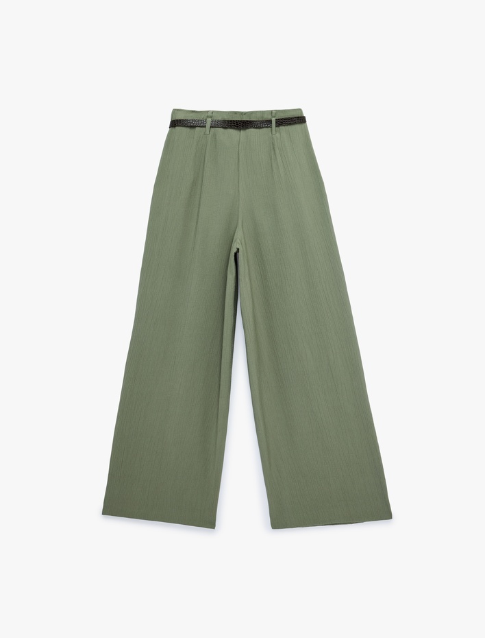  Pile Detaylı Cepli Düz Geniş Paça Kemerli Palazzo Pantolon