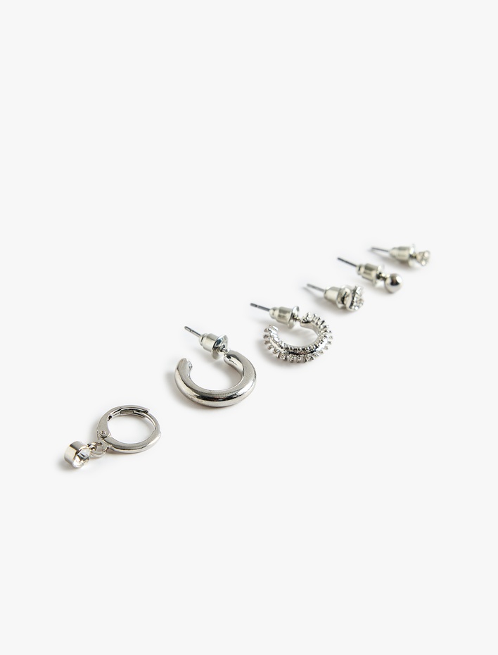 Kadın Taş Detaylı 6'lı Top ve Halka Küpe Seti