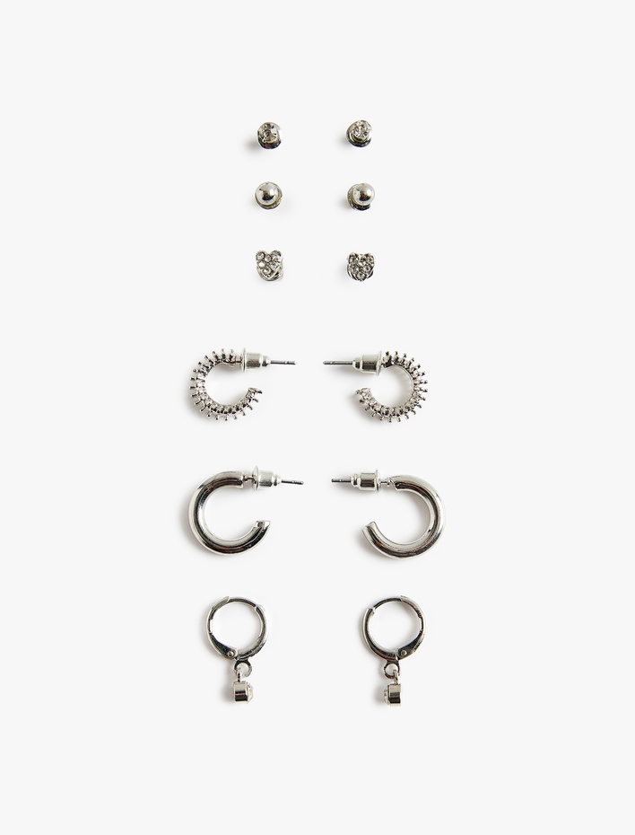 Kadın Taş Detaylı 6'lı Top ve Halka Küpe Seti