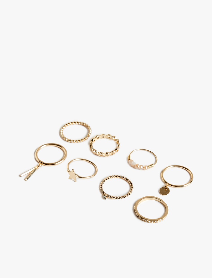 Kadın Taş Detaylı Charmlı Çelik 8'li Yüzük Seti