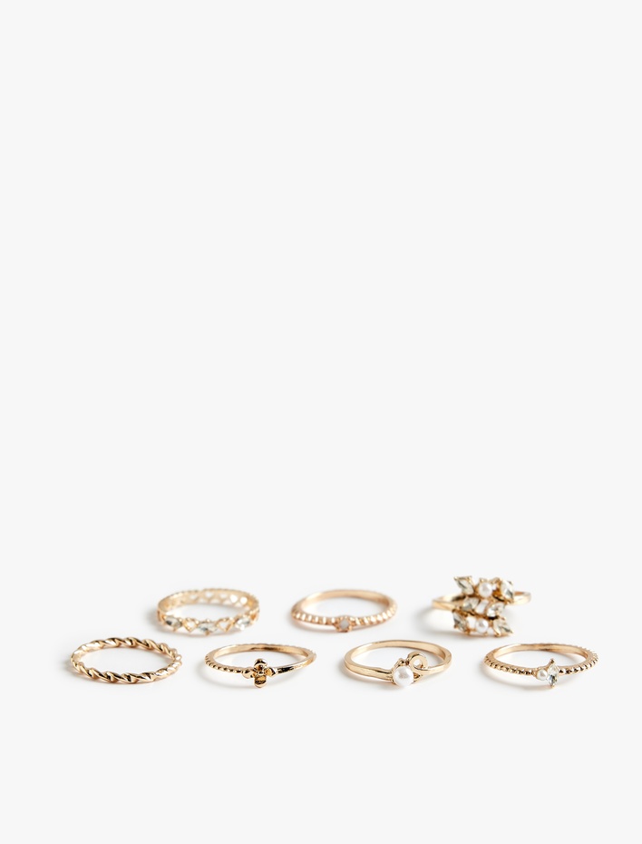 Kadın İnci ve Taş Detaylı 7'li Yüzük Seti