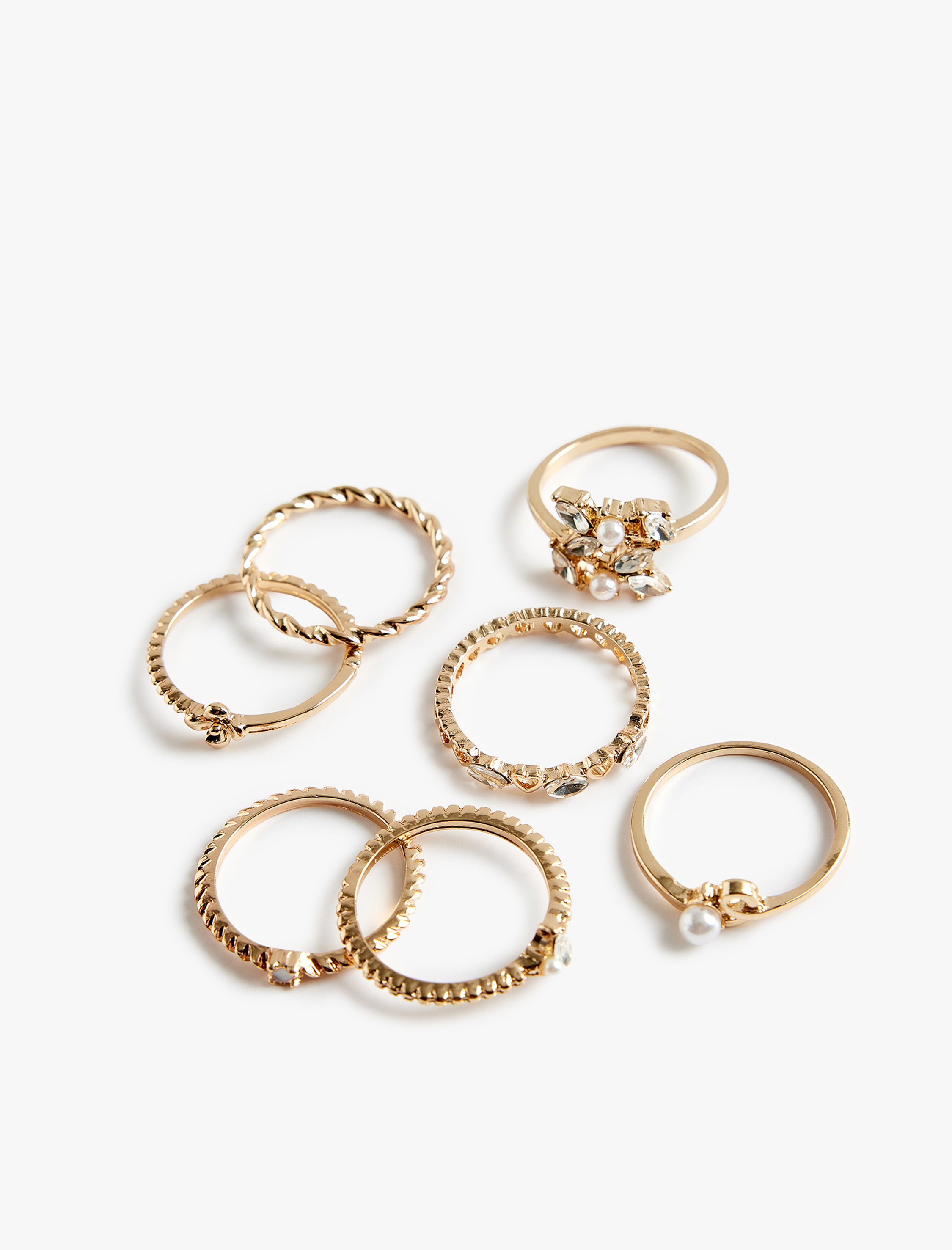  Kadın İnci ve Taş Detaylı 7'li Yüzük Seti