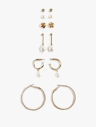 İnci Detaylı Çelik Karışımlı 6'lı Top ve Halka Küpe Seti