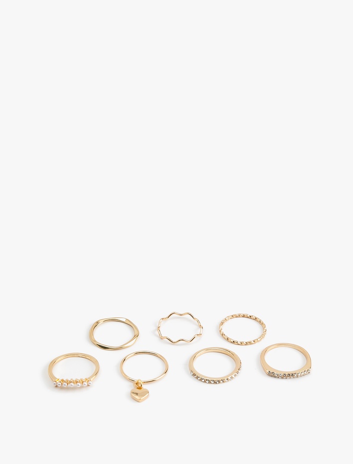 Kadın Taşlı Kalp Charm Detaylı 7'li Yüzük Seti