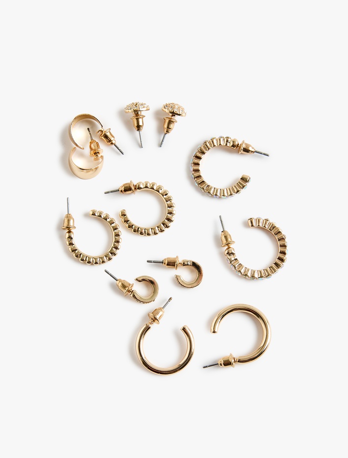 Kadın Taş Detaylı Çelik Karışımlı 6'lı Top ve Halka Küpe Seti