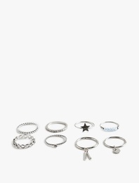 Taş Detaylı Charmlı Çelik 8'li Yüzük Seti