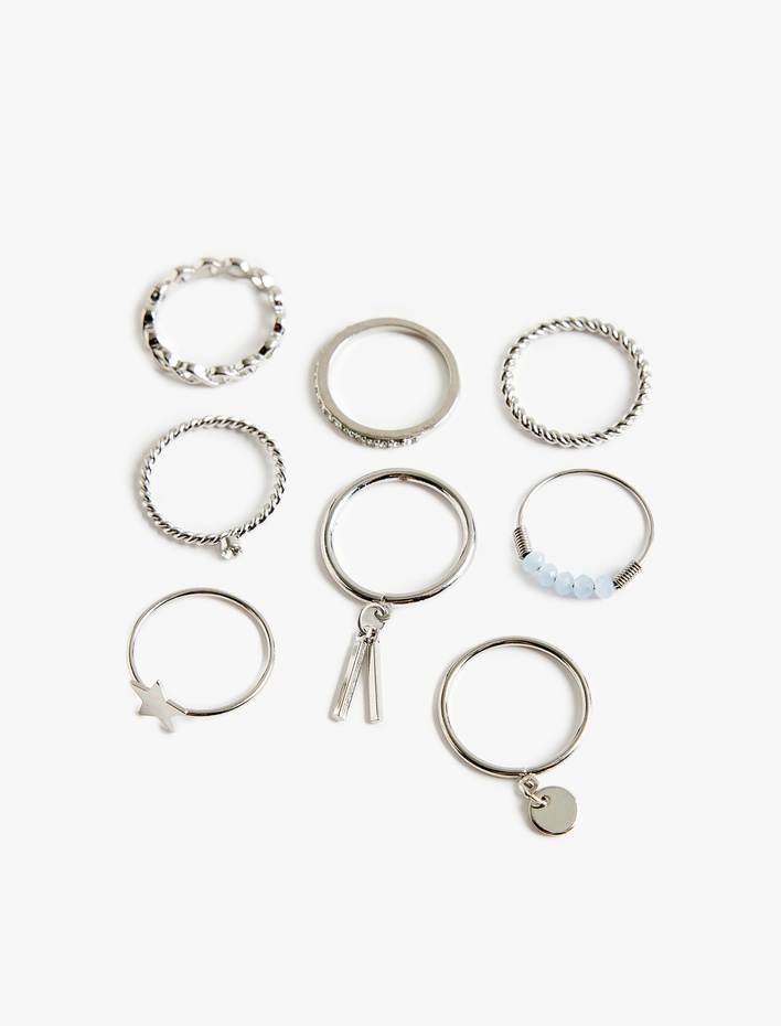 Kadın Taş Detaylı Charmlı Çelik 8'li Yüzük Seti