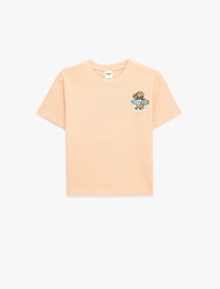 Pamuklu Kısa Kollu Bisiklet Yaka Baskılı Oversize Tişört