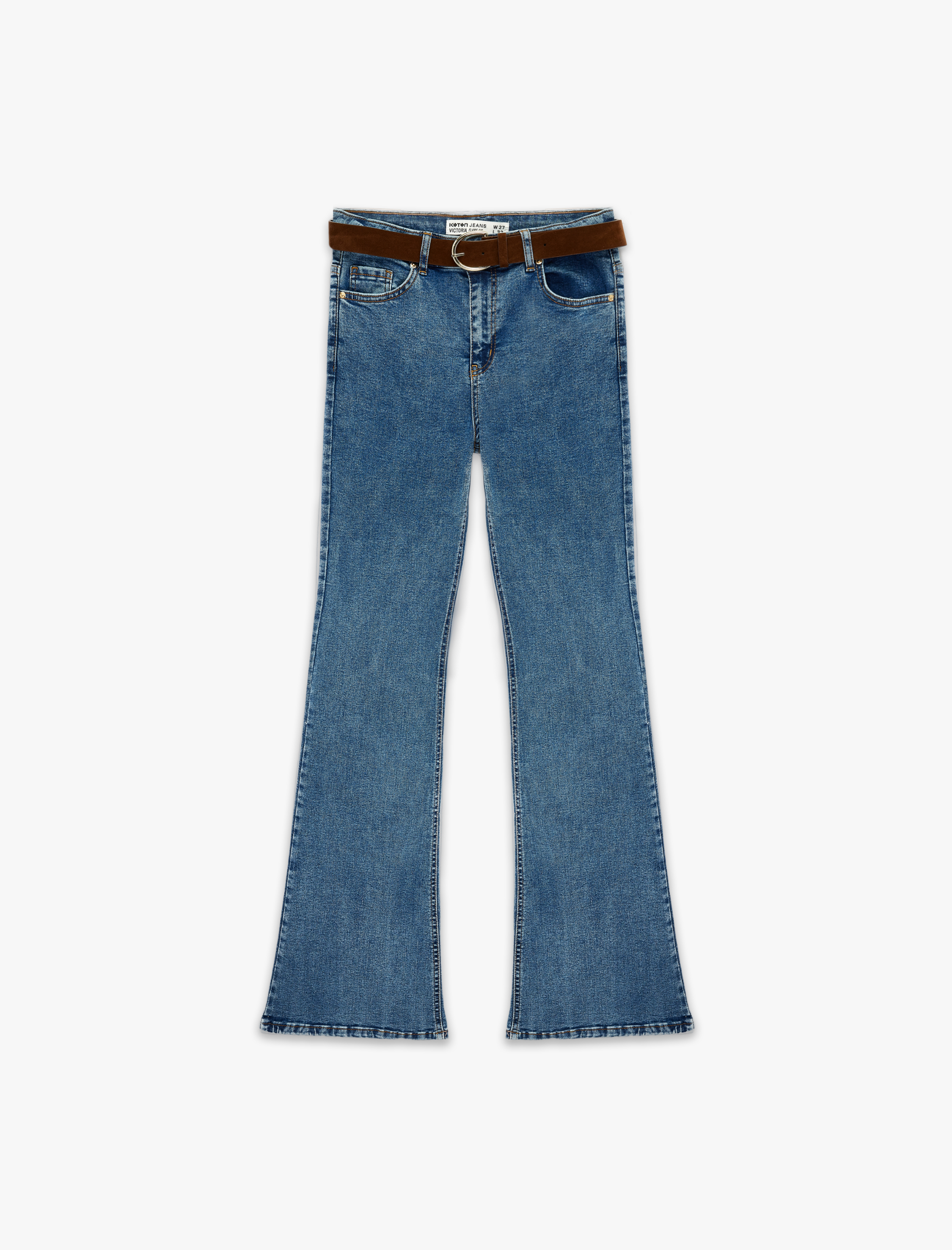   Dar Kesim Kemerli Düğmeli İspanyol Paça Denim Pantolon - Flare Jeans