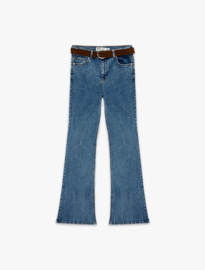  Dar Kesim Kemerli Düğmeli İspanyol Paça Denim Pantolon - Flare Jeans