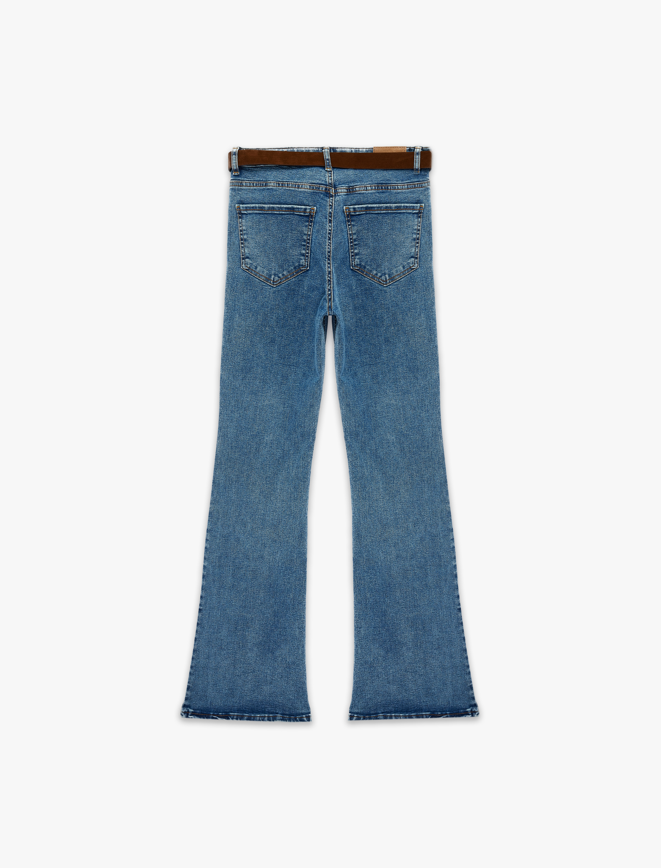   Dar Kesim Kemerli Düğmeli İspanyol Paça Denim Pantolon - Flare Jeans