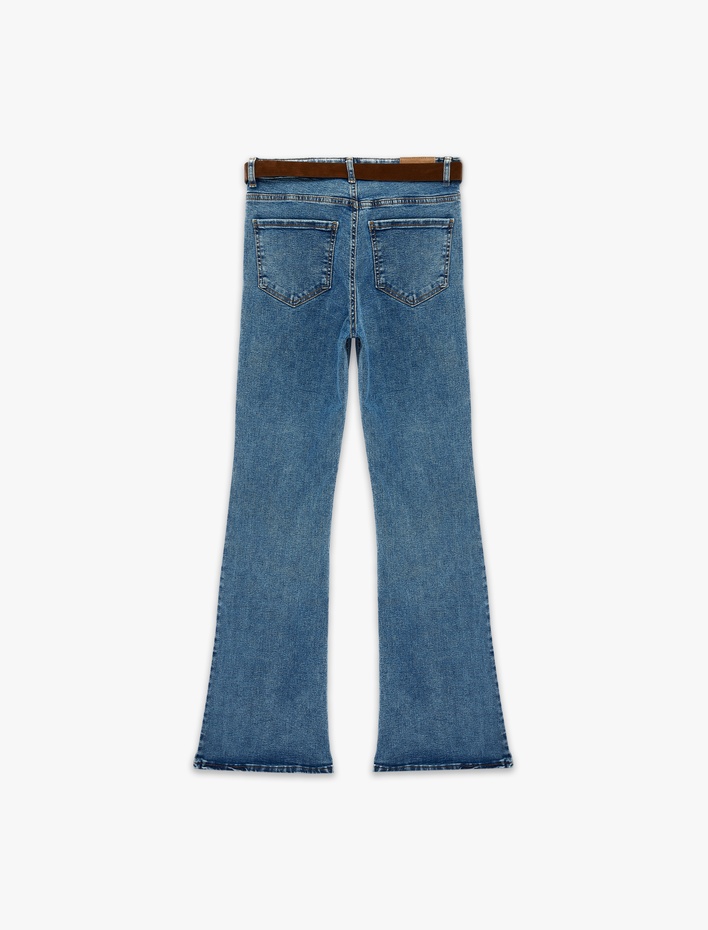  Dar Kesim Kemerli Düğmeli İspanyol Paça Denim Pantolon - Flare Jeans