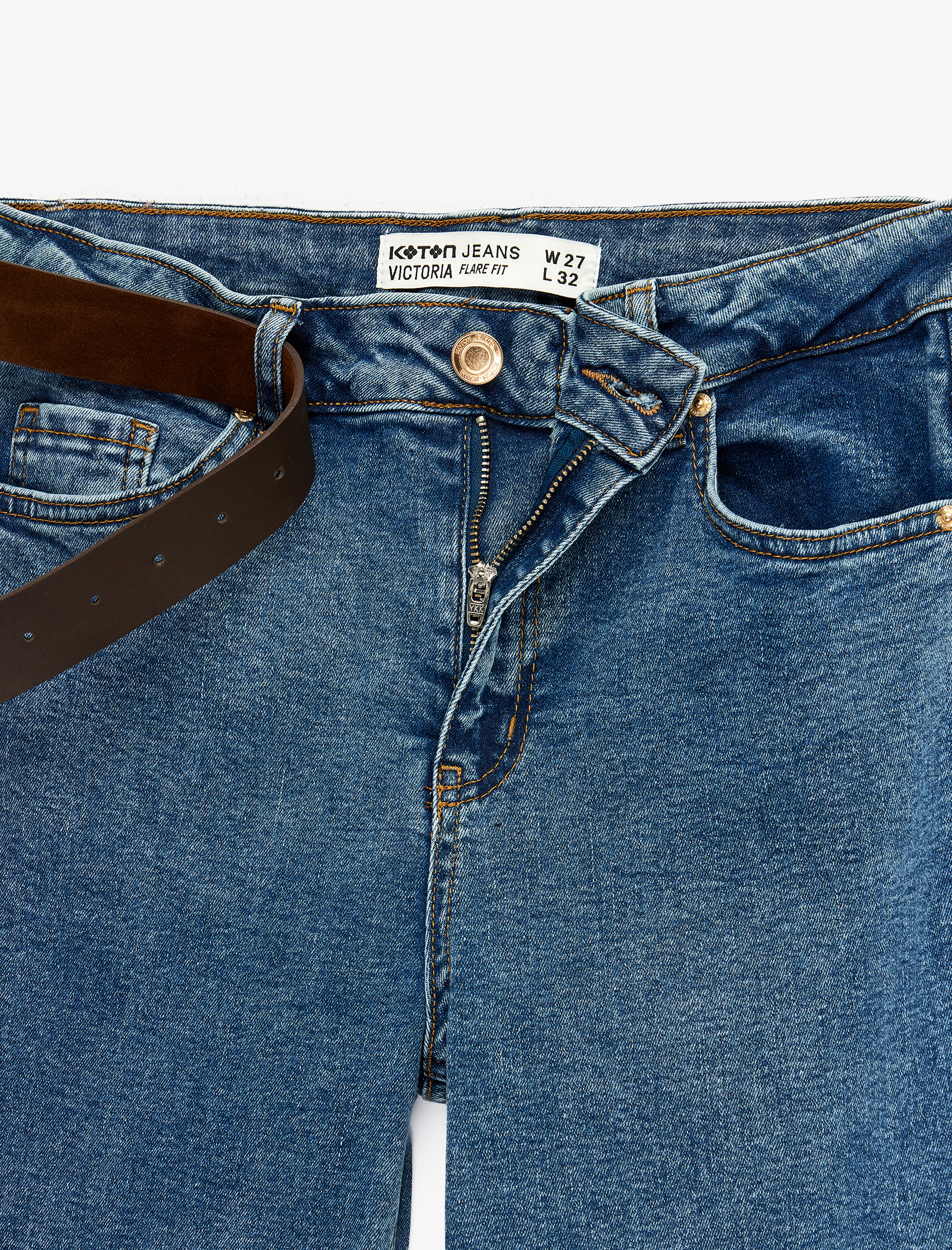   Dar Kesim Kemerli Düğmeli İspanyol Paça Denim Pantolon - Flare Jeans