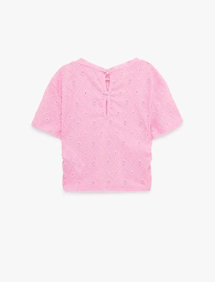 Kız Çocuk Bisiklet Yaka Kısa Kollu Brodeli Bluz