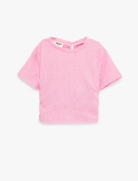 Bisiklet Yaka Kısa Kollu Brodeli Bluz