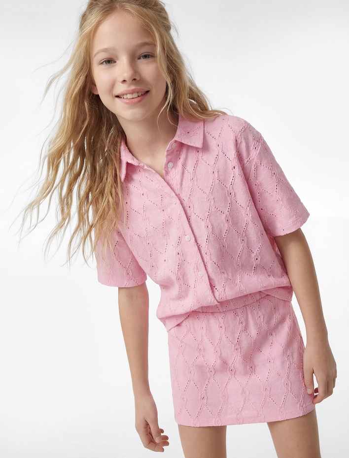 Kız Çocuk Kısa Kollu Düğmeli Fistolu Brode Bluz