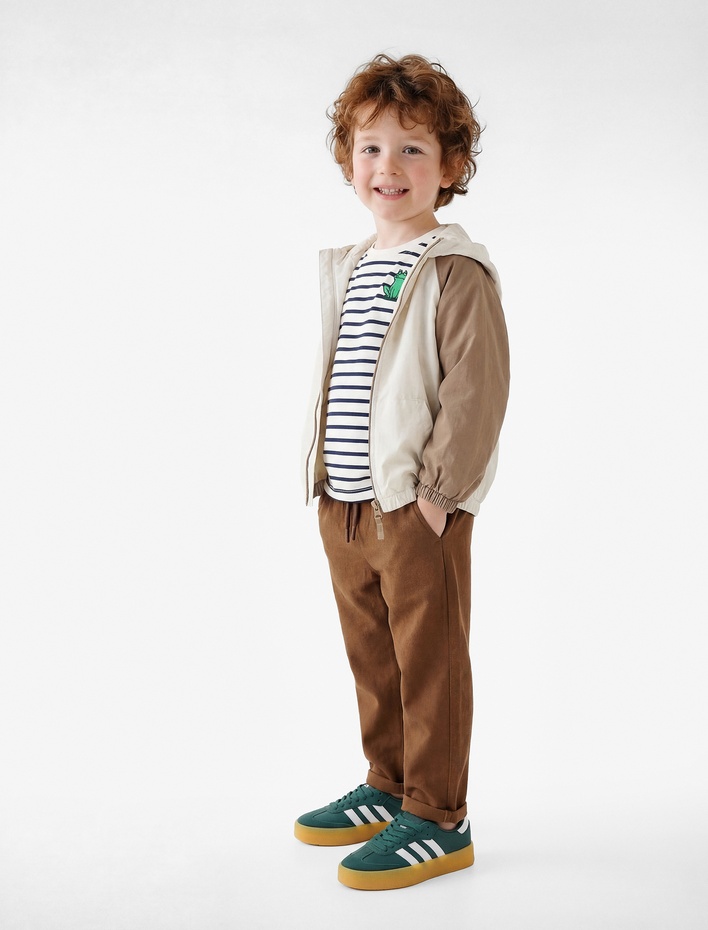 Erkek Bebek Renk Bloklu Kanguru Cep Detaylı  Fermuar Detaylı Kapşonlu Mevsimlik Ceket