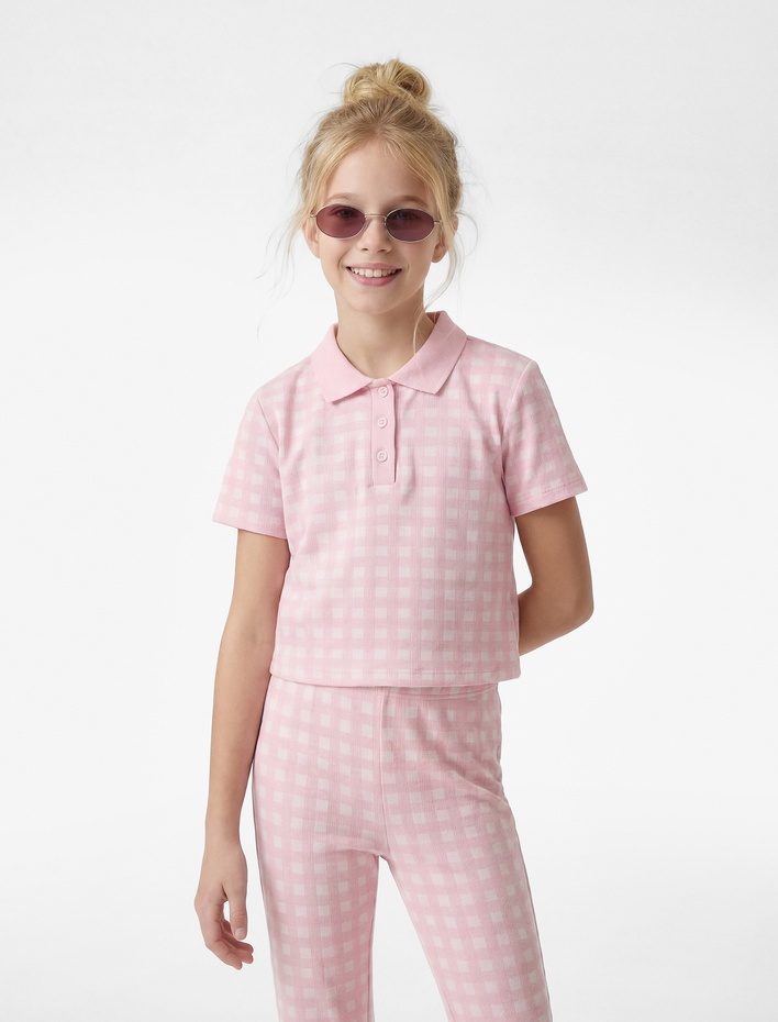 Kız Çocuk Kısa Kollu Düğmeli Polo Yaka Ekoseli Polo Yaka Tişört