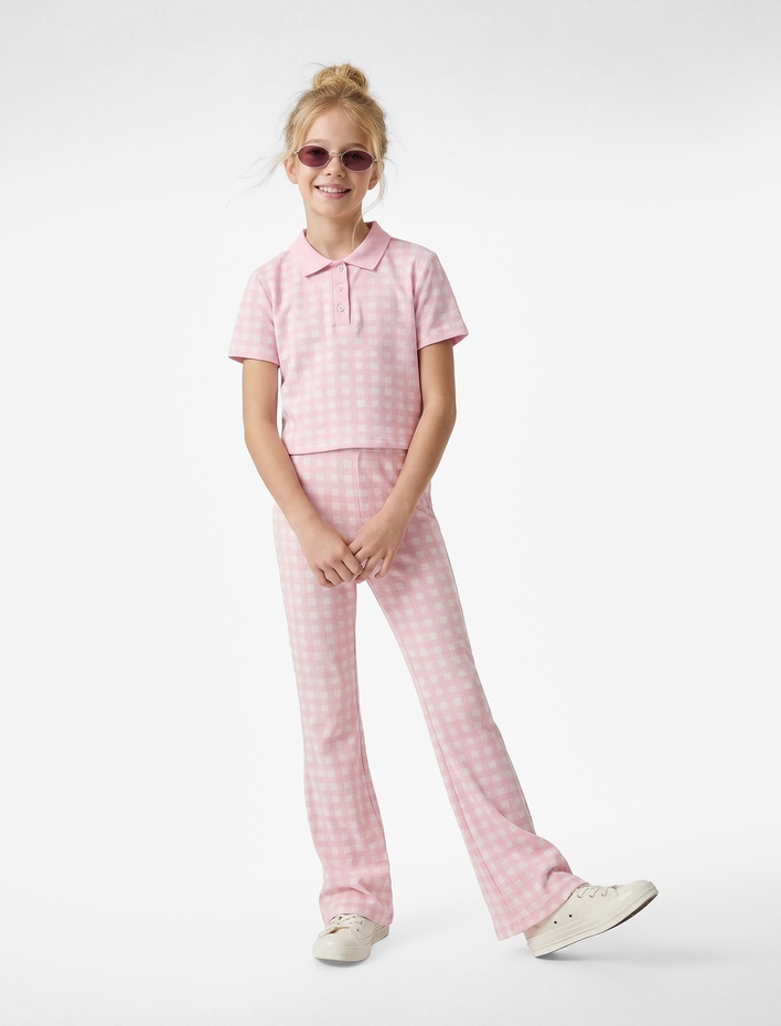 Kız Çocuk Kısa Kollu Düğmeli Polo Yaka Ekoseli Polo Yaka Tişört