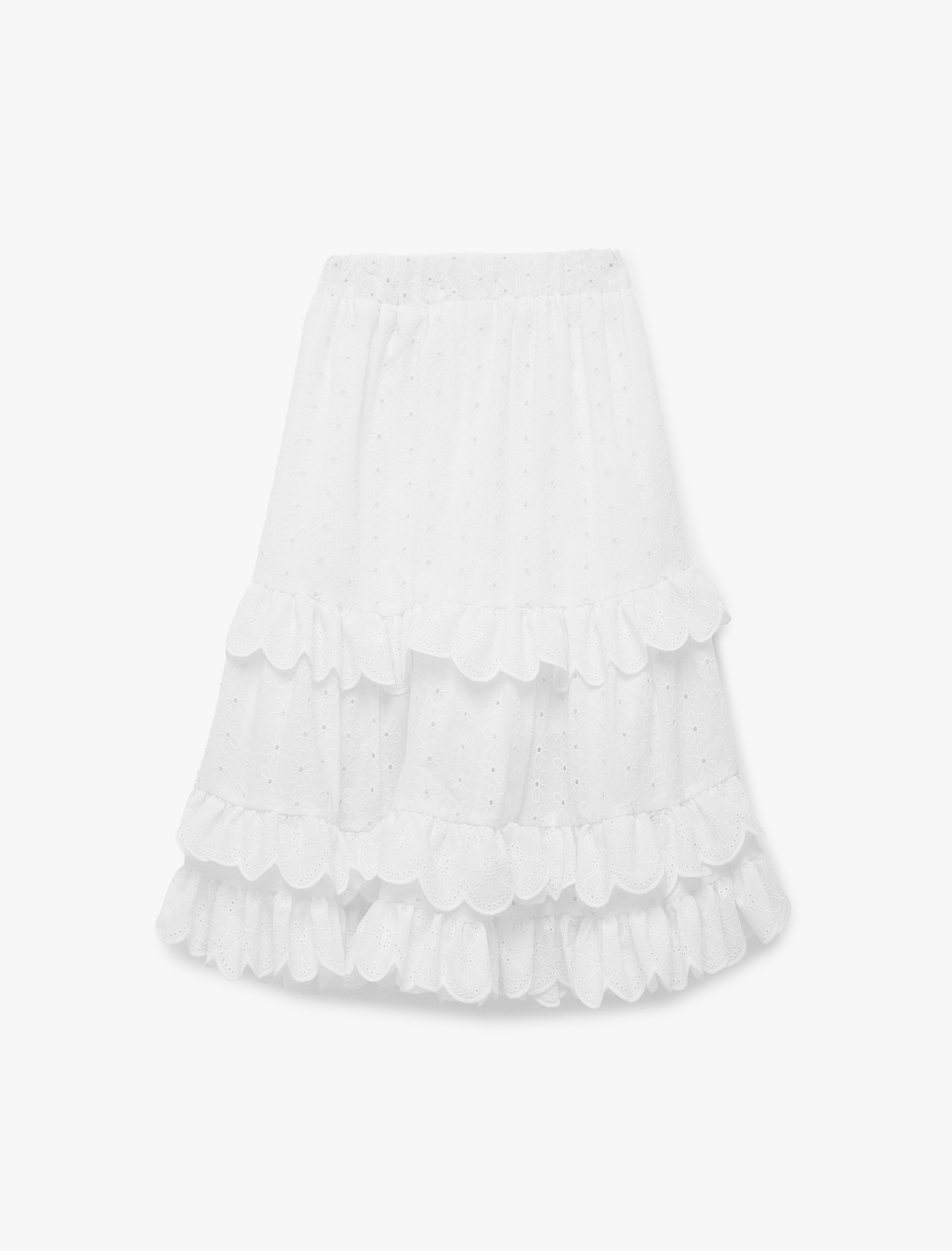  Kız Çocuk Beli Lastikli Kat Detaylı Brodeli Midi Etek