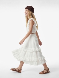 Beli Lastikli Kat Detaylı Brodeli Midi Etek