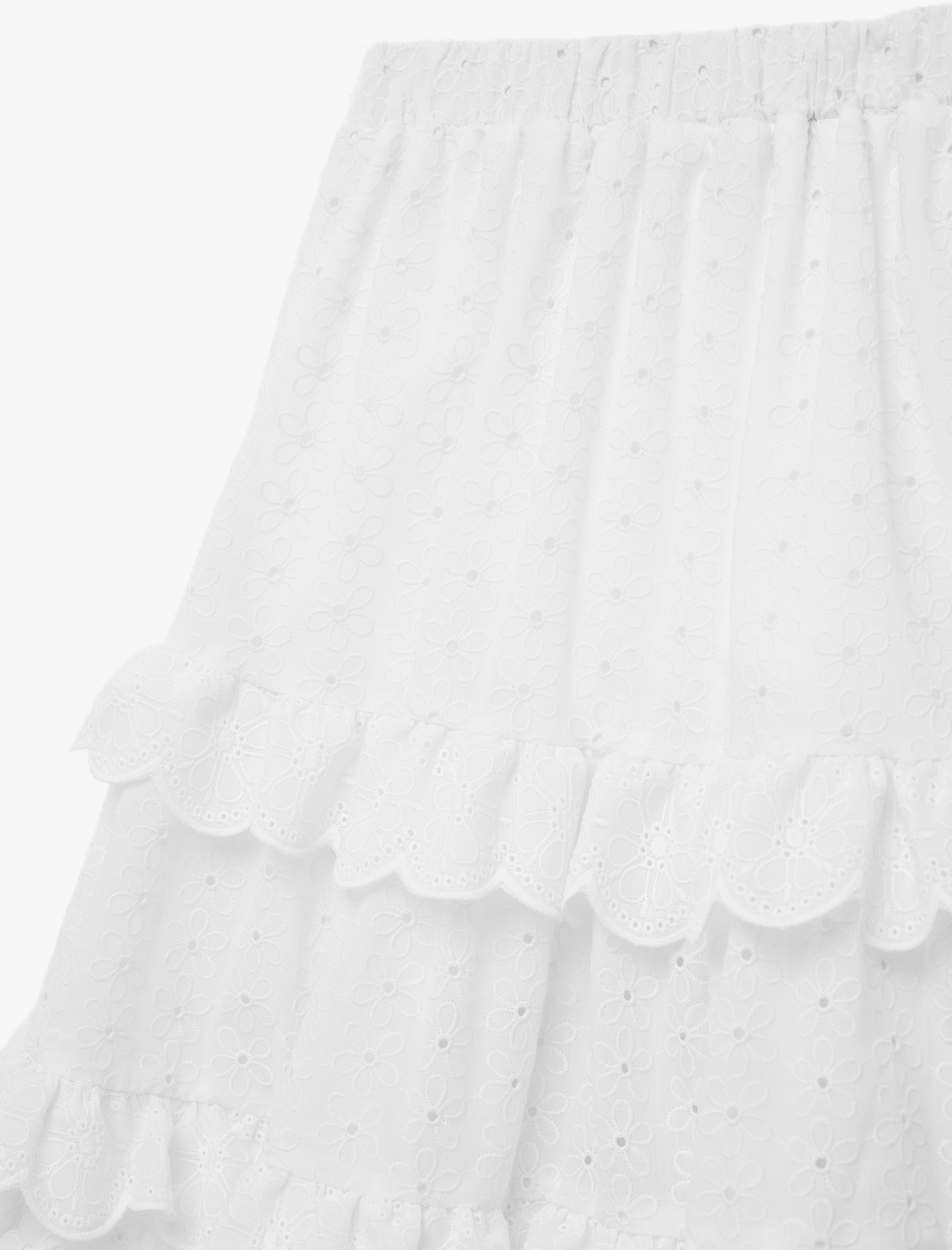  Kız Çocuk Beli Lastikli Kat Detaylı Brodeli Midi Etek