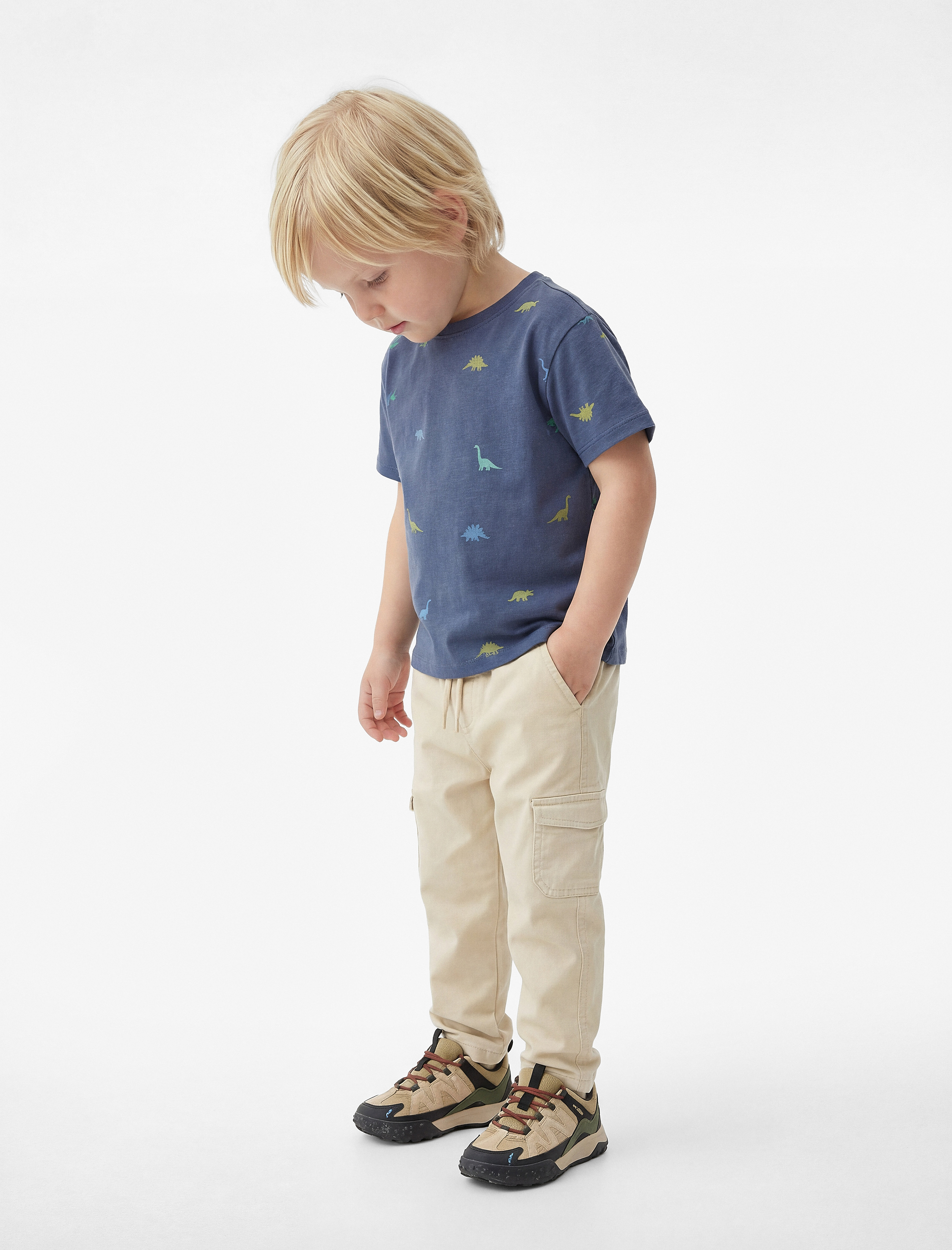  Erkek Bebek Pamuklu Bisiklet Yaka Kısa Kollu Dinozor Baskılı Tişört