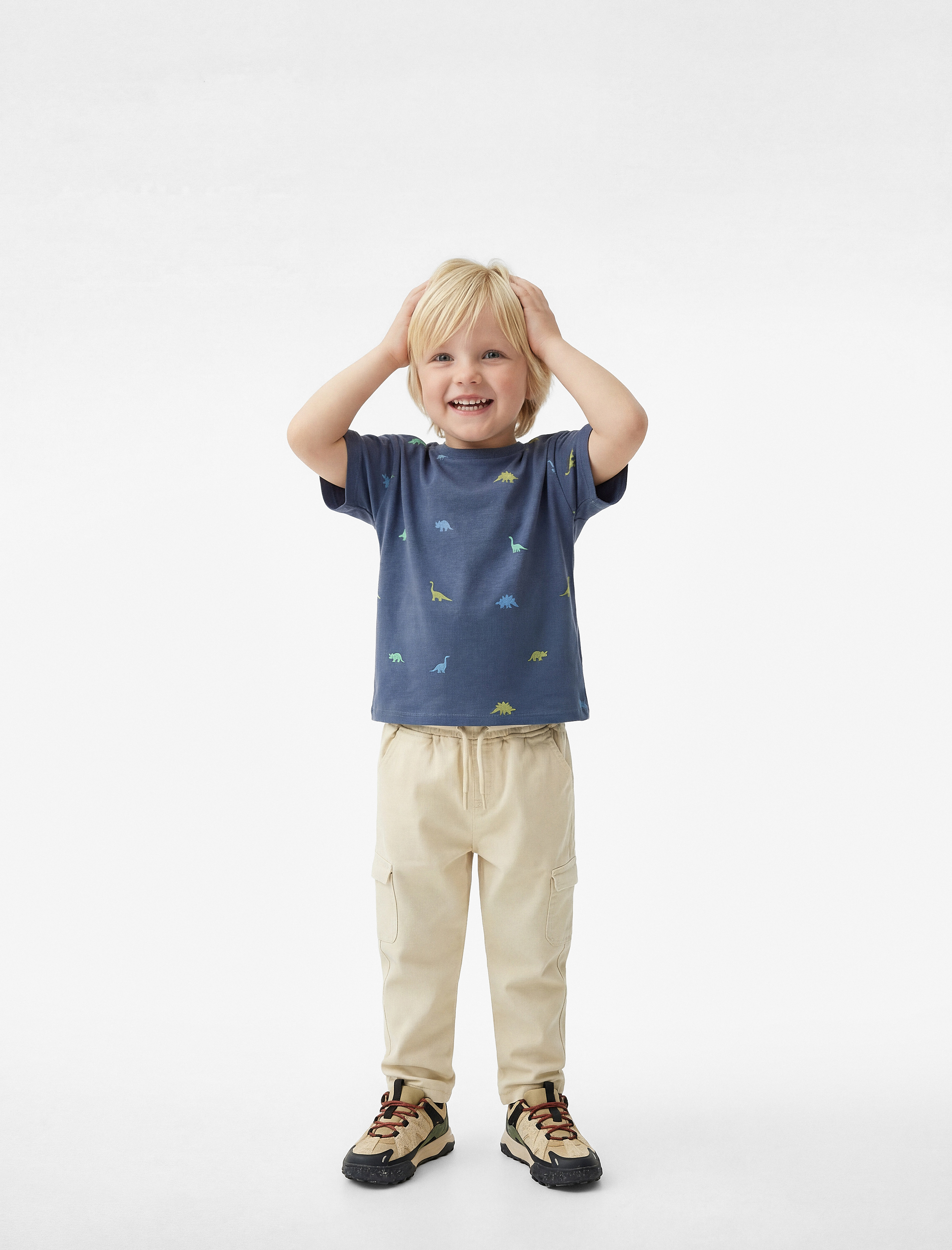  Erkek Bebek Pamuklu Bisiklet Yaka Kısa Kollu Dinozor Baskılı Tişört