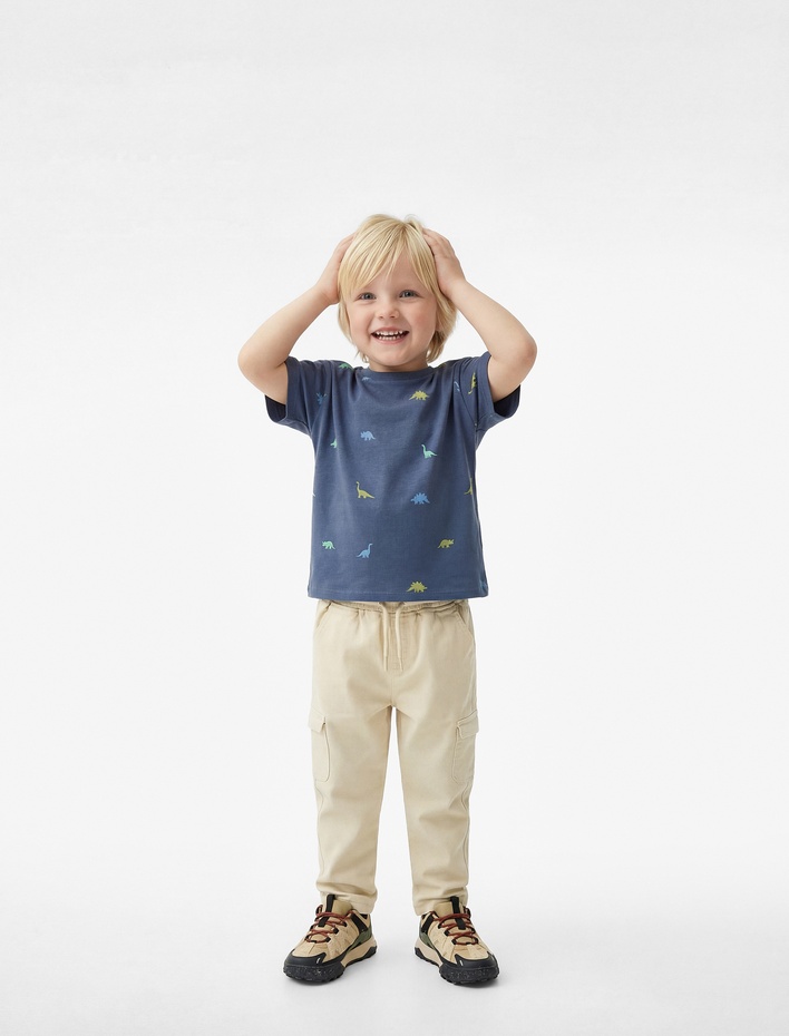 Erkek Bebek Pamuklu Bisiklet Yaka Kısa Kollu Dinozor Baskılı Tişört
