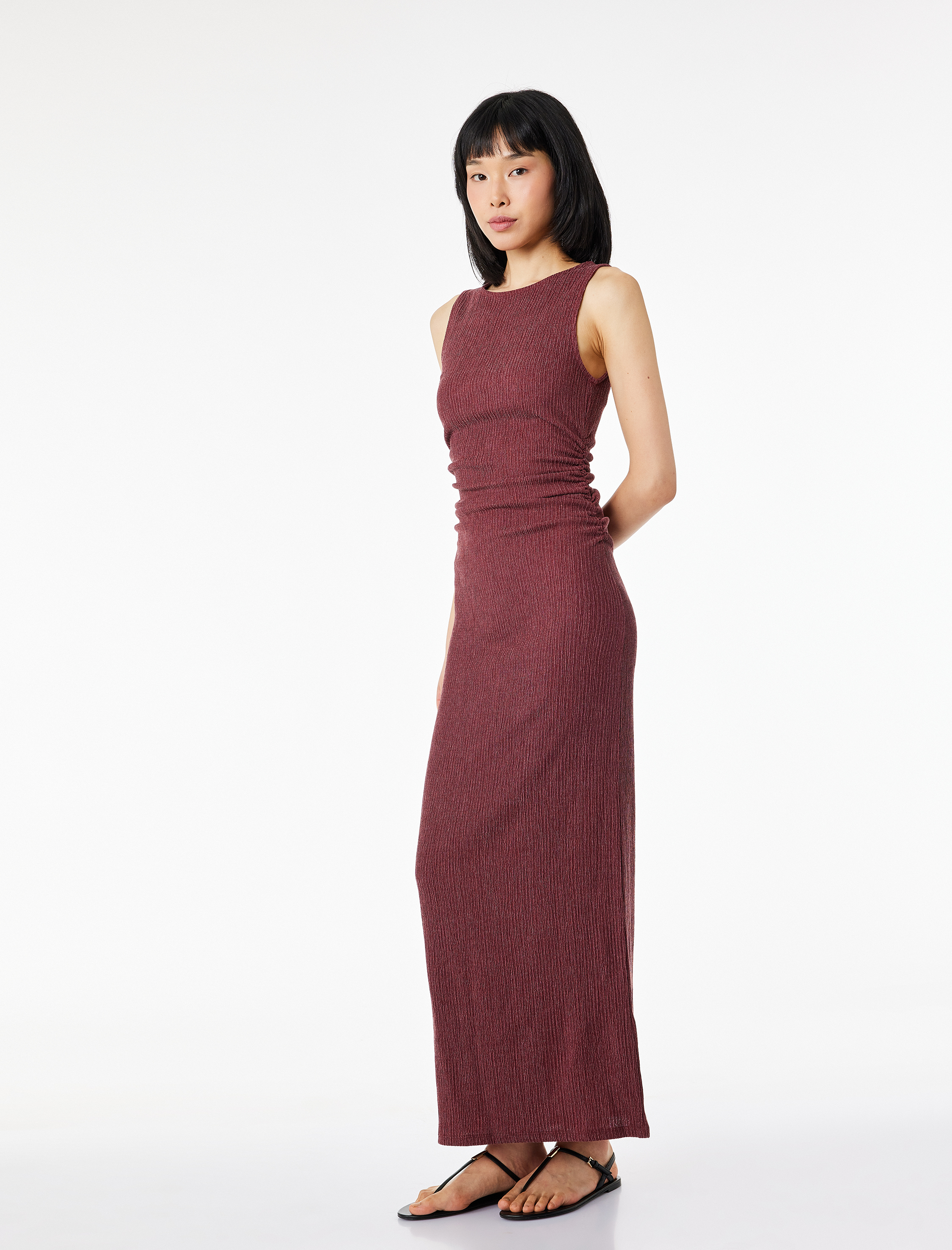   Bürümcük Kumaş Drape Detaylı Bisiklet Yaka Uzun Kalem Elbise