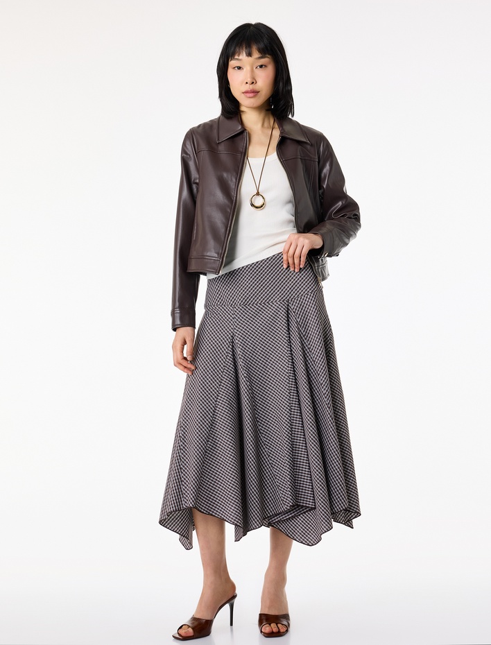  Pamuklu Asimetrik Kesim Kareli Midi Kloş Etek