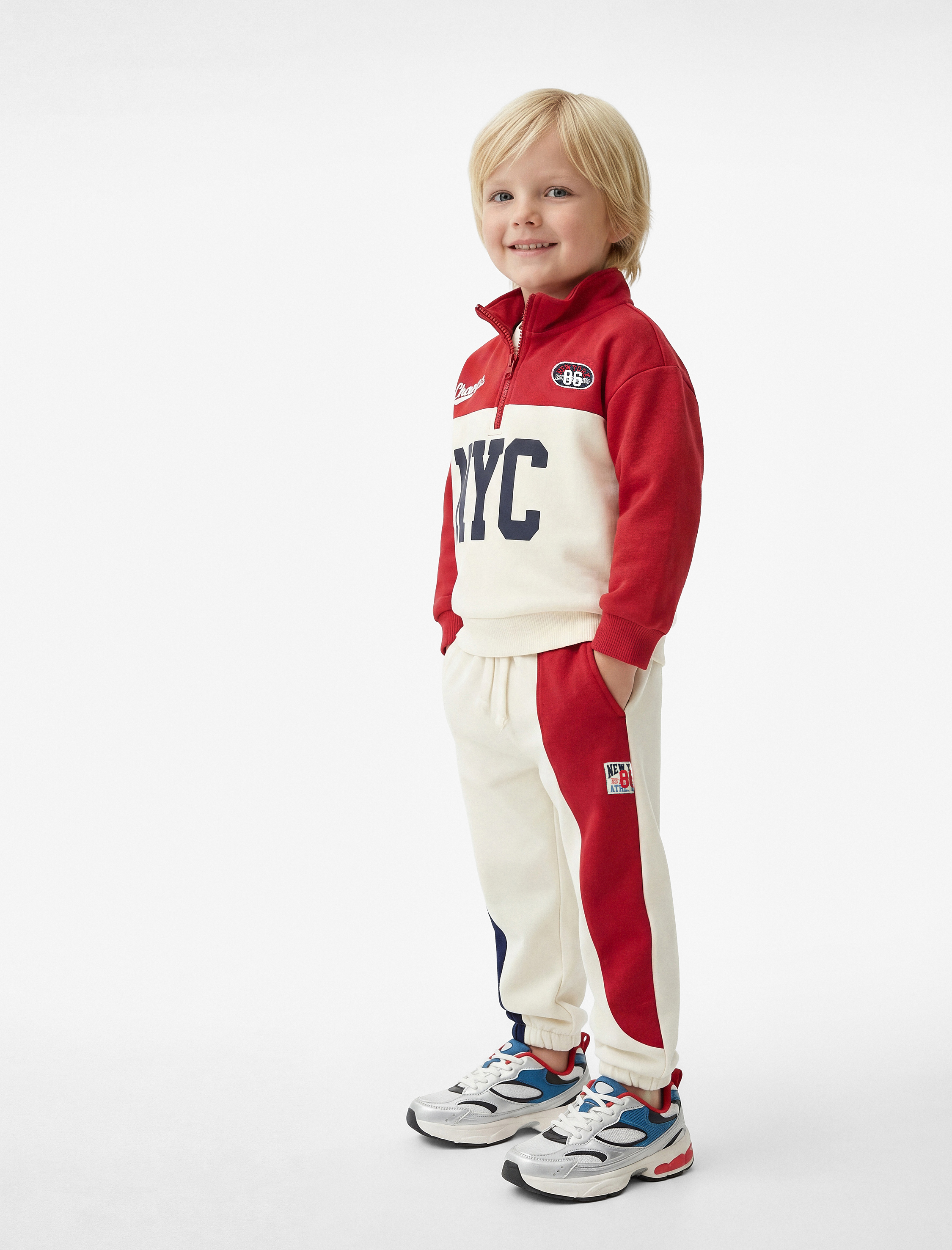  Erkek Bebek Renk Bloklu Yarım Fermuarlı Uzun Kollu Dik Yaka Sweatshirt