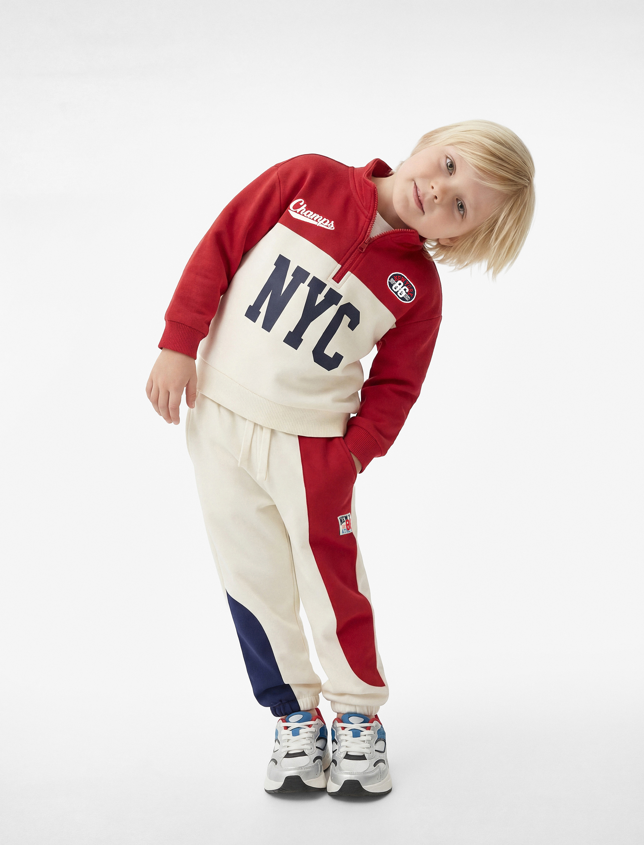  Erkek Bebek Renk Bloklu Yarım Fermuarlı Uzun Kollu Dik Yaka Sweatshirt