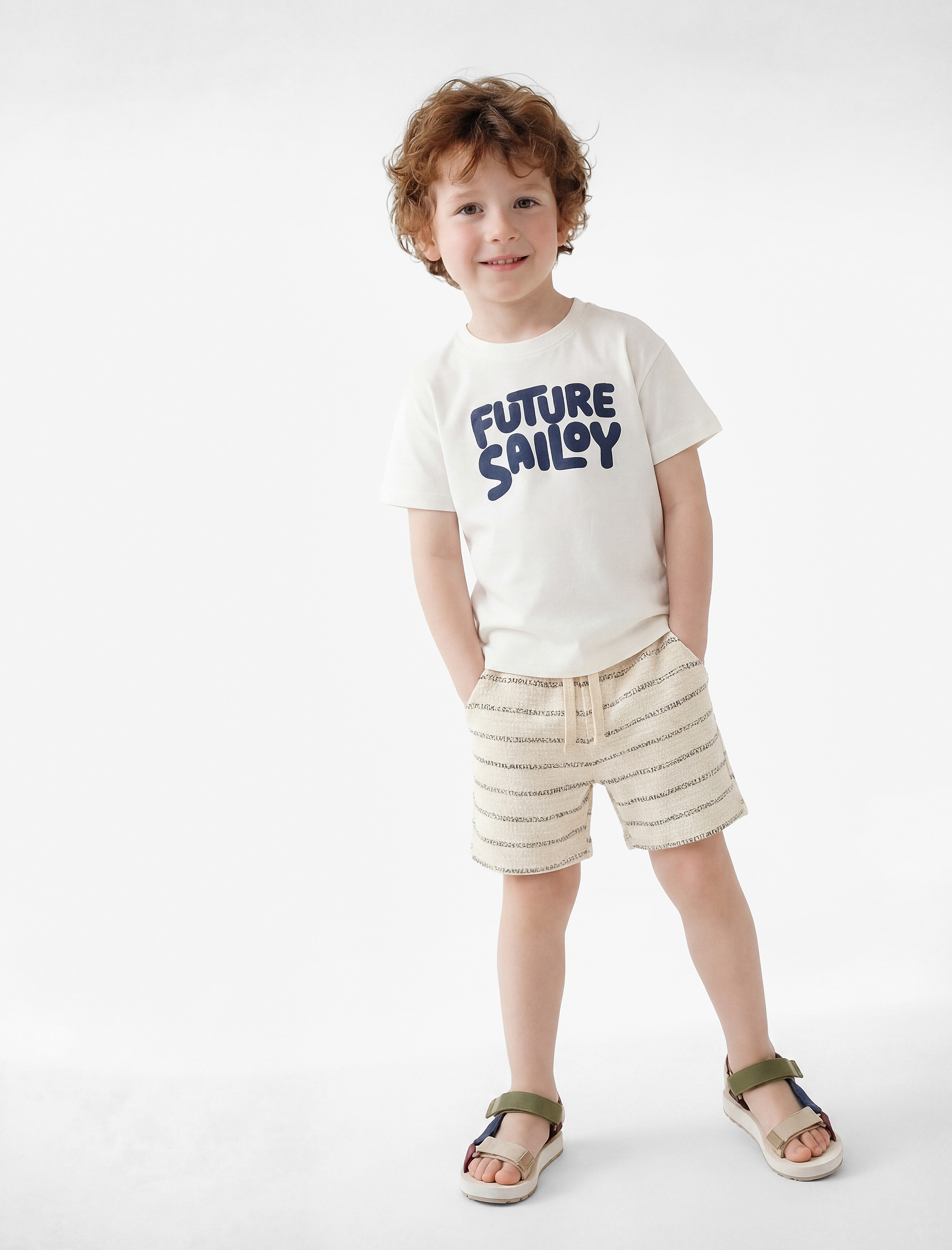  Erkek Bebek Beli Lastikli Cep Detaylı Pamuklu Çizgili Şort