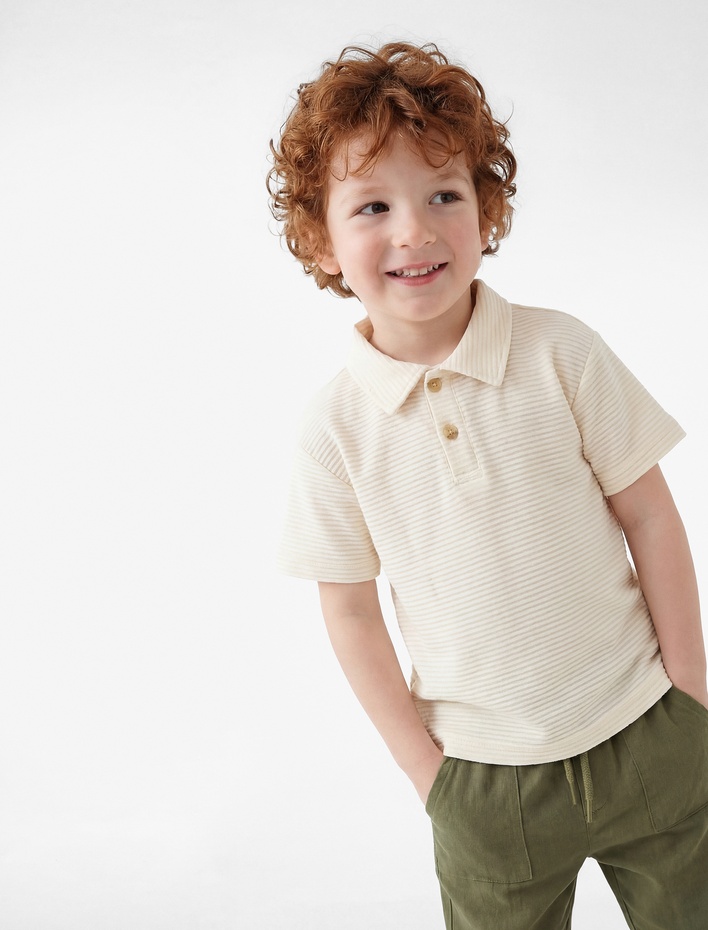 Erkek Bebek Pamuklu Dokulu Düğmeli Kısa Kollu Polo Yaka Tişört