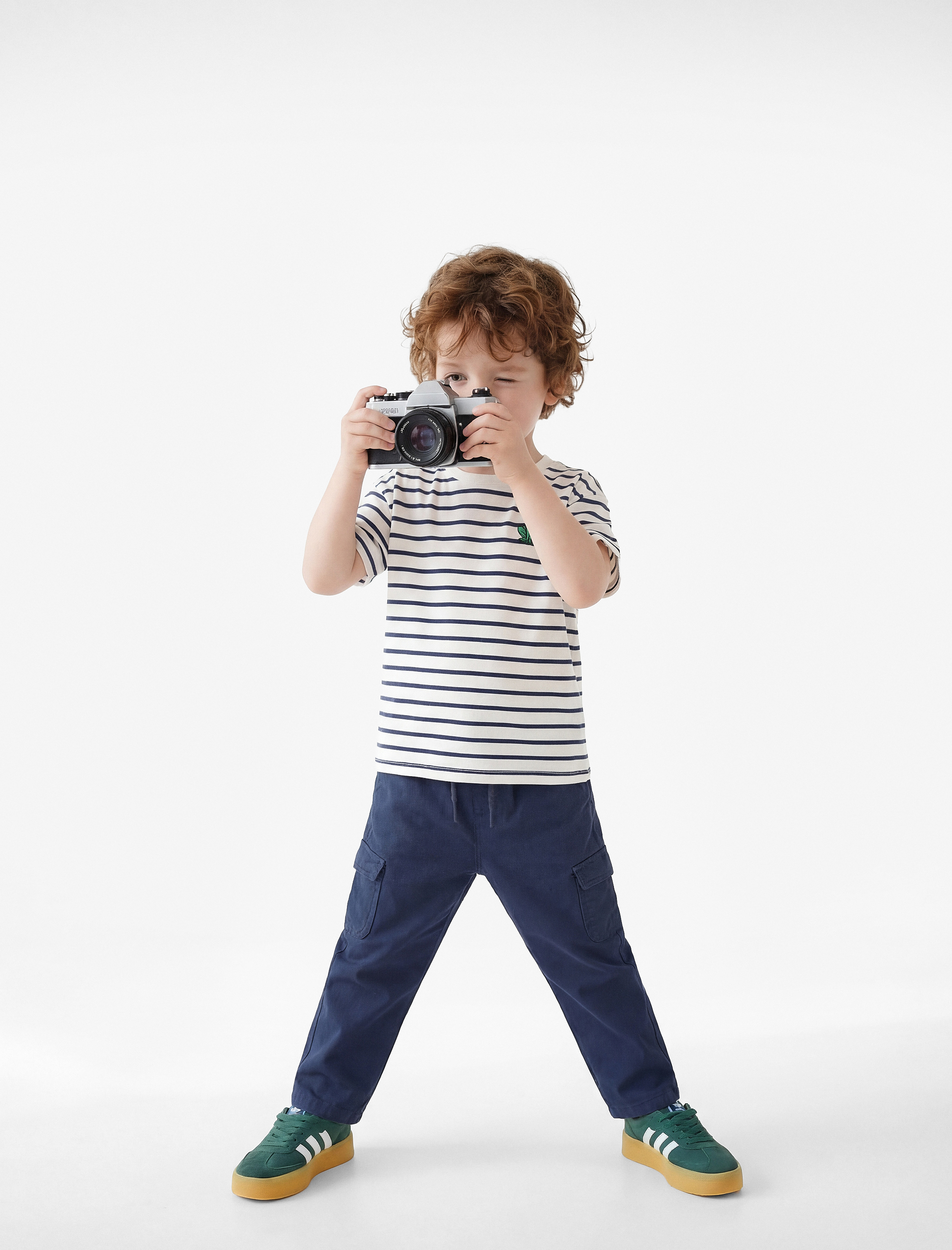  Erkek Bebek Pamuklu Kurbağa Nakış Detaylı Kısa Kollu Bisiklet Yaka Çizgili Tişört