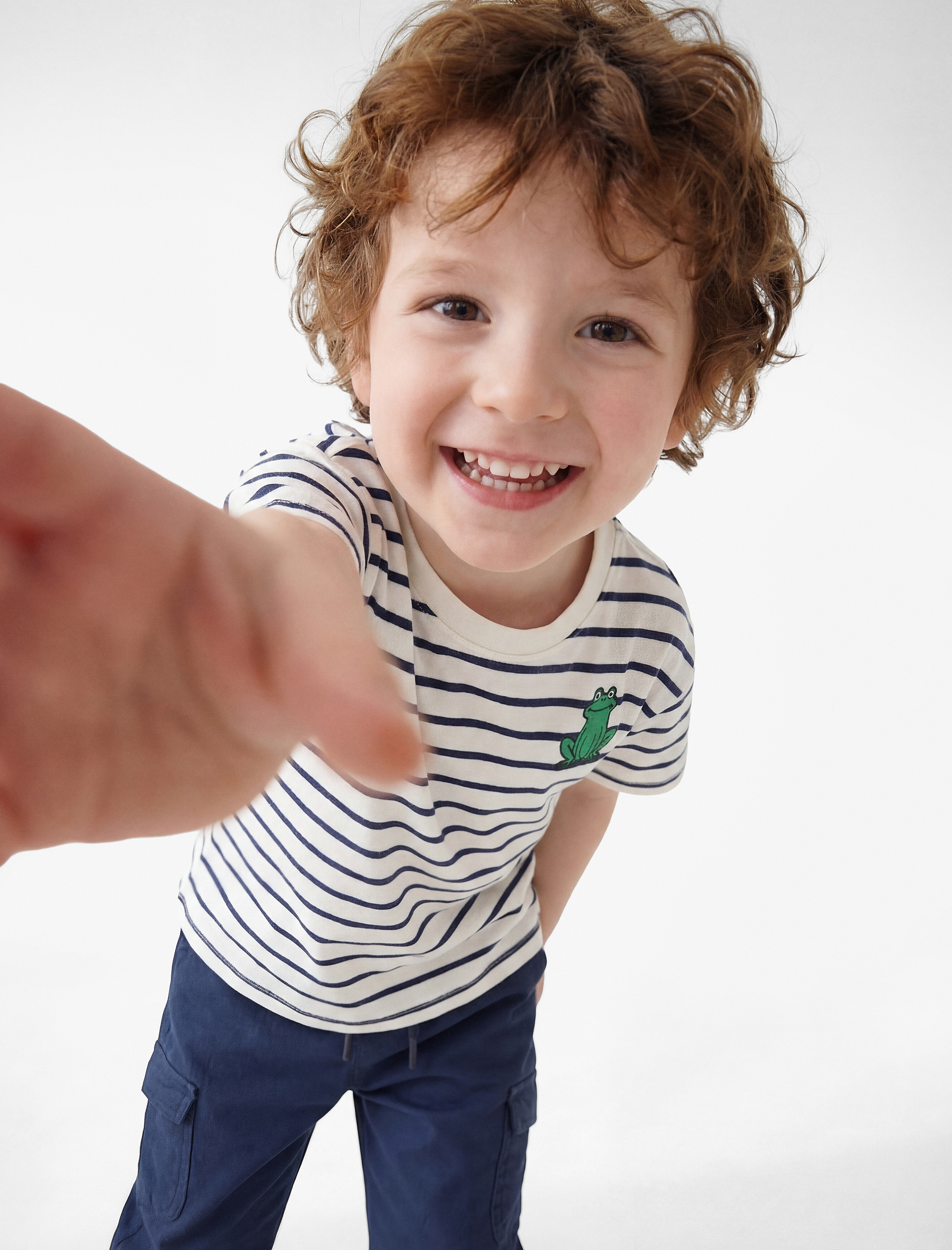  Erkek Bebek Pamuklu Kurbağa Nakış Detaylı Kısa Kollu Bisiklet Yaka Çizgili Tişört