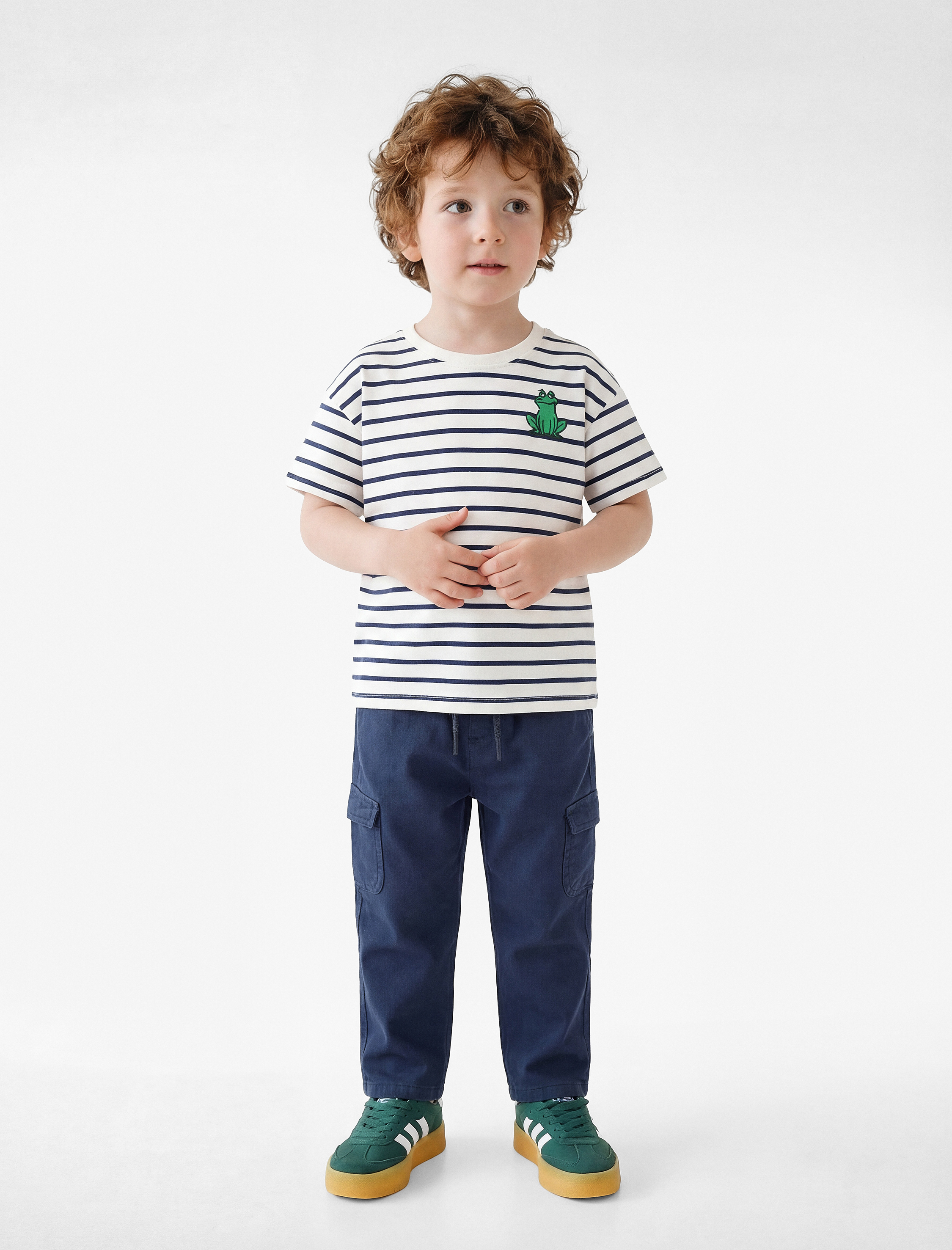  Erkek Bebek Pamuklu Kurbağa Nakış Detaylı Kısa Kollu Bisiklet Yaka Çizgili Tişört