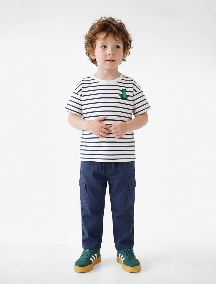 Erkek Bebek Pamuklu Kurbağa Nakış Detaylı Kısa Kollu Bisiklet Yaka Çizgili Tişört