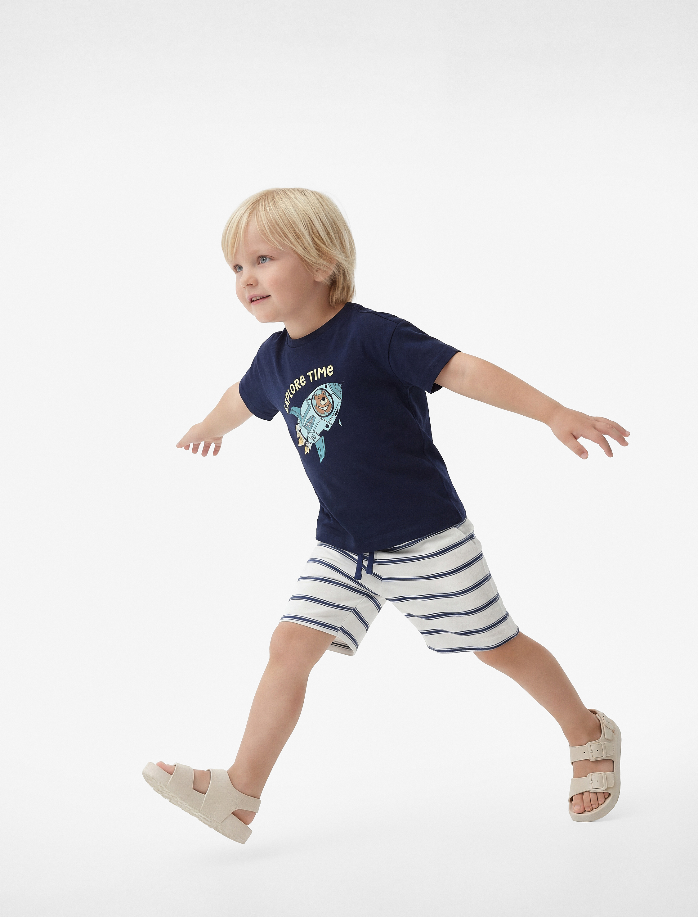  Erkek Bebek Beli Bağlamalı Pamuklu Çizgili Şort