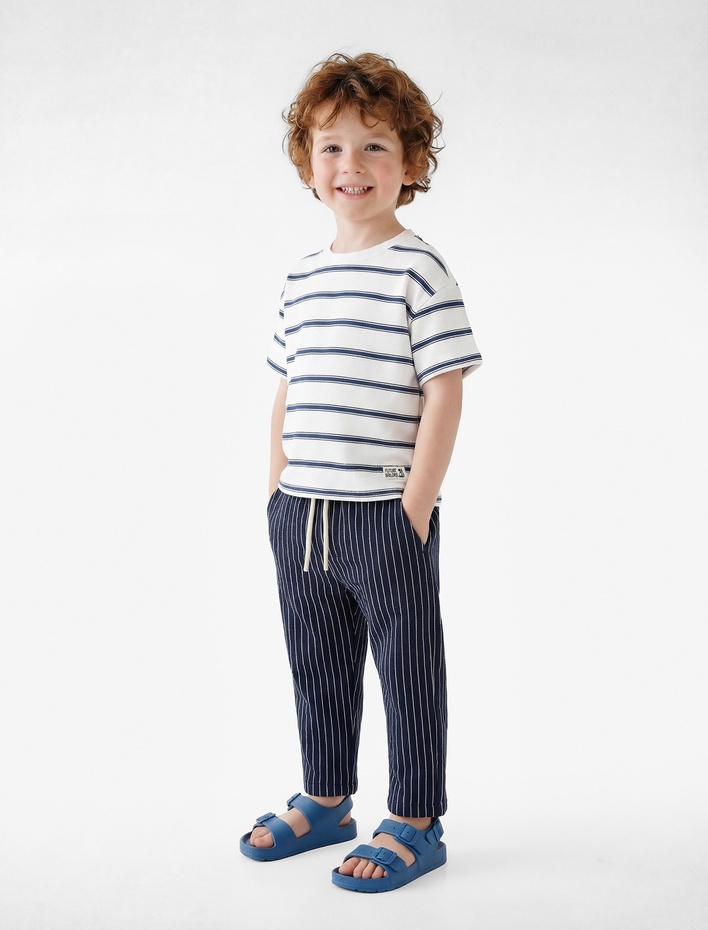 Erkek Bebek Pamuklu Kısa Kollu Bisiklet Yaka Çizgili Tişört