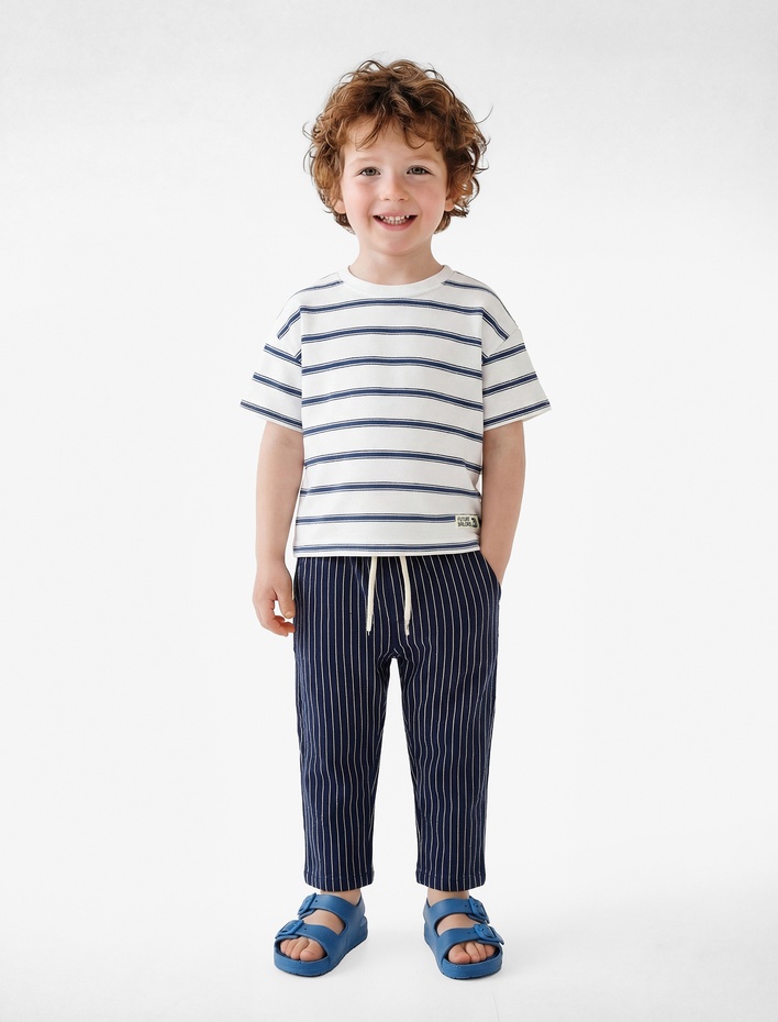 Erkek Bebek Pamuklu Kısa Kollu Bisiklet Yaka Çizgili Tişört