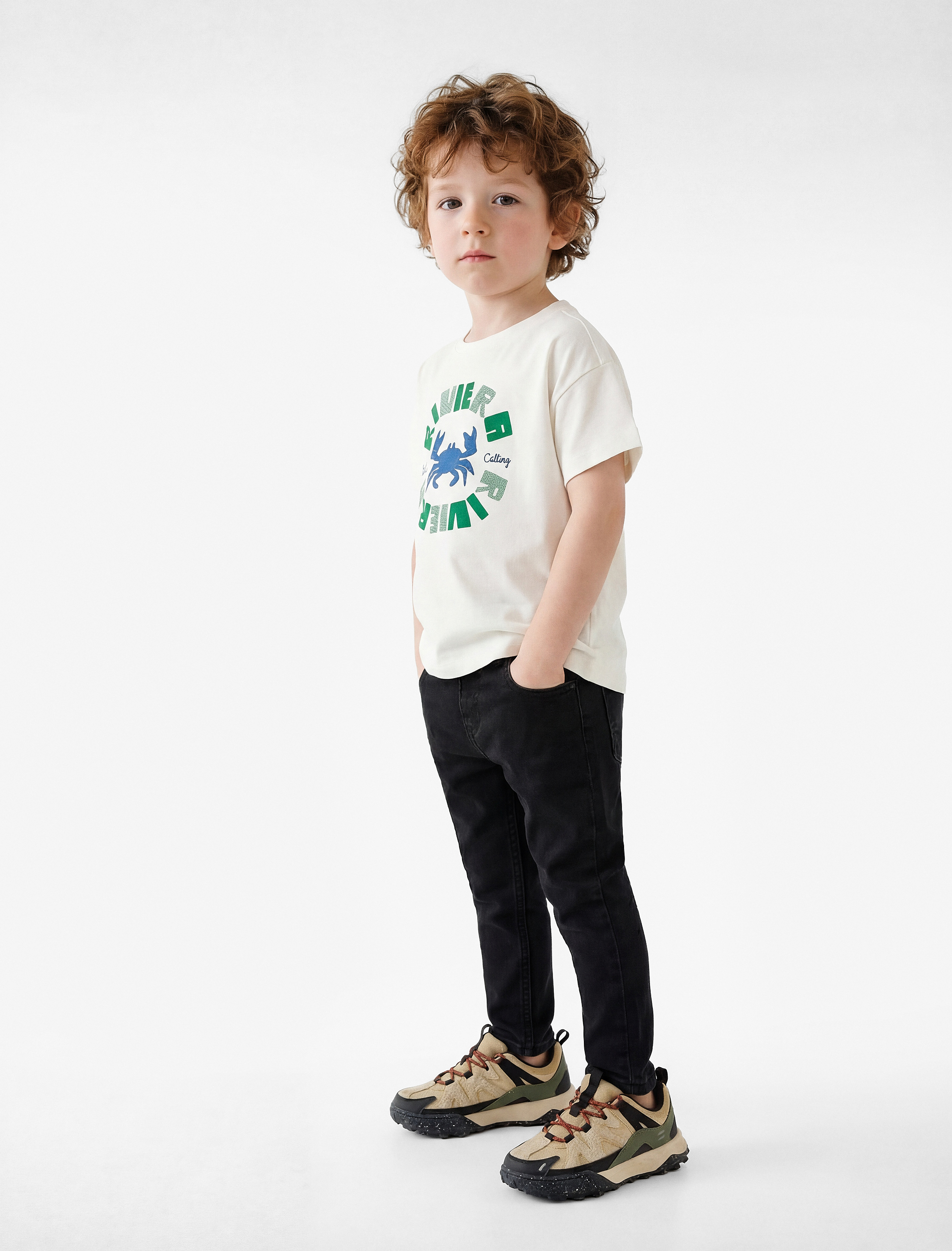  Erkek Bebek Pamuklu Kısa Kollu Bisiklet Yaka Yengeç Baskılı Tişört