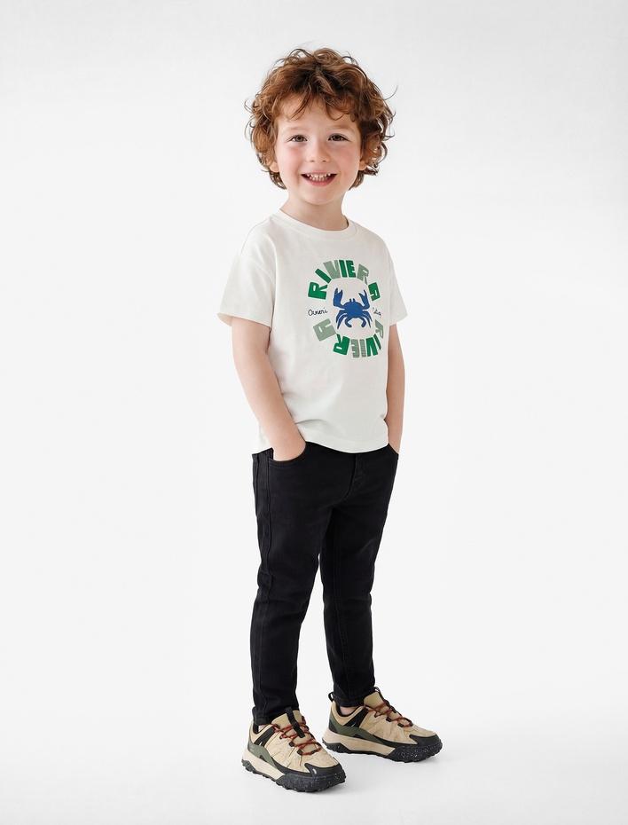 Erkek Bebek Pamuklu Kısa Kollu Bisiklet Yaka Yengeç Baskılı Tişört