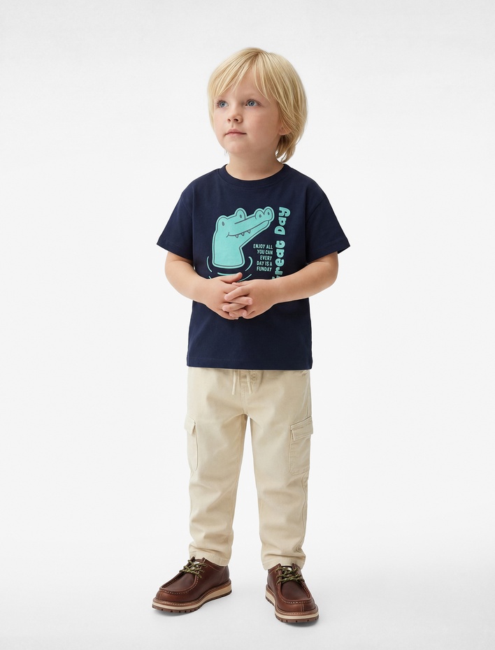 Erkek Bebek Timsah Baskılı Kısa Kollu Bisiklet Yaka Pamuklu Tişört