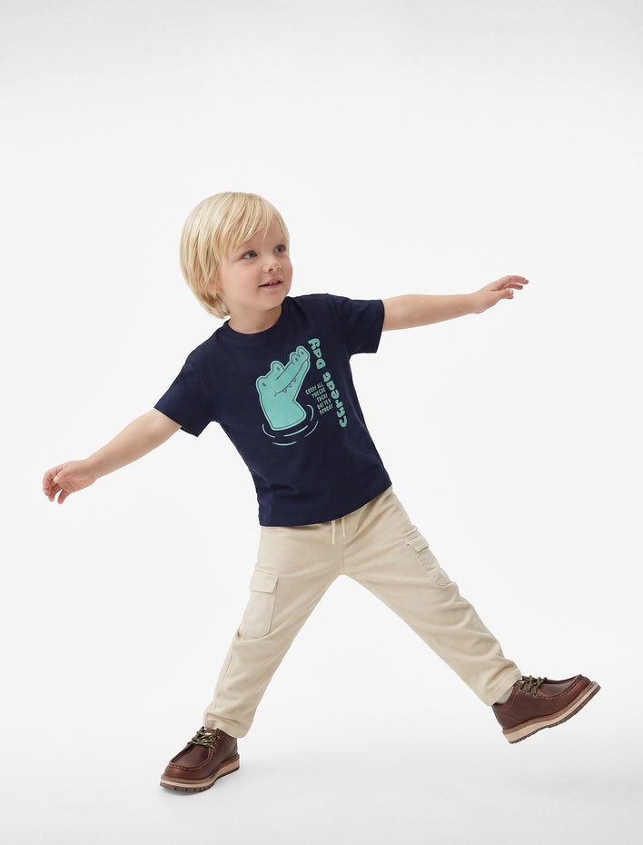 Erkek Bebek Timsah Baskılı Kısa Kollu Bisiklet Yaka Pamuklu Tişört