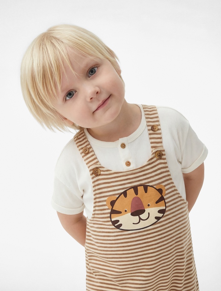 Erkek Bebek Pamuklu Kaplan Baskılı Çizgili Askılı Tulum