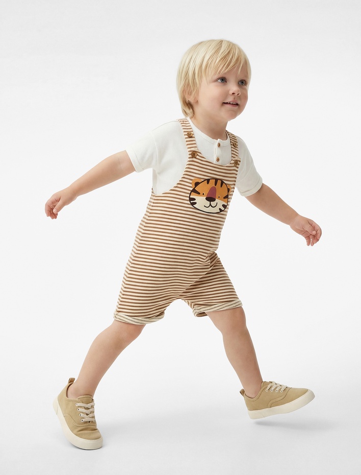 Erkek Bebek Pamuklu Kaplan Baskılı Çizgili Askılı Tulum