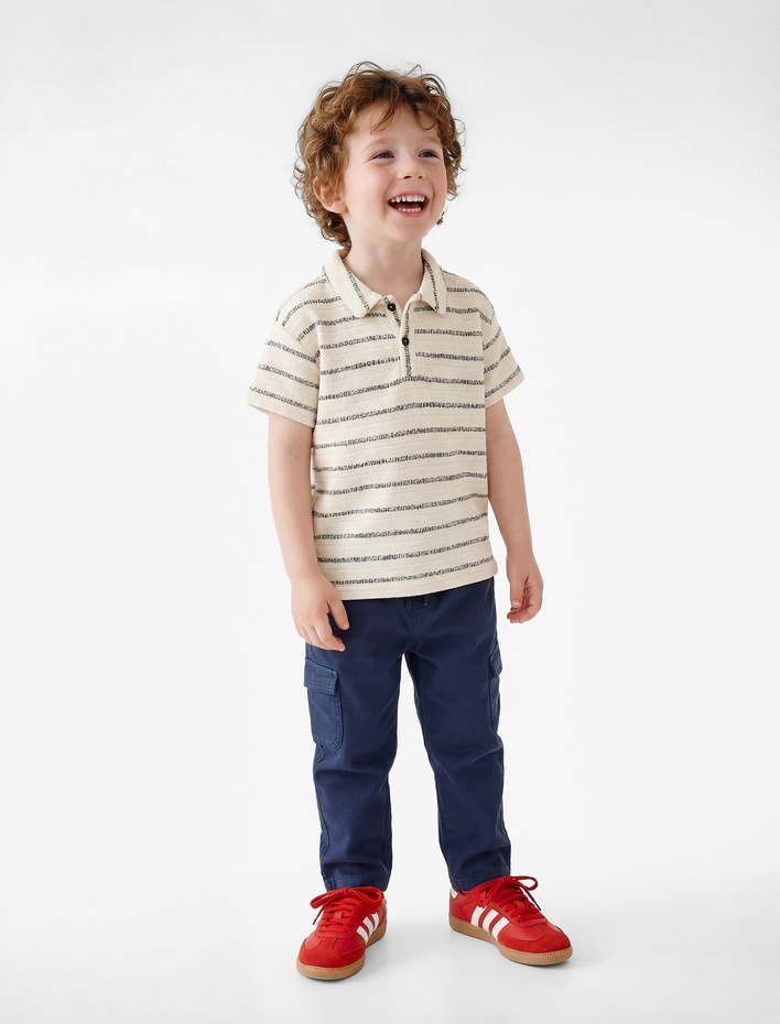 Erkek Bebek Pamuklu Kısa Kollu Çizgili Polo Yaka Tişört